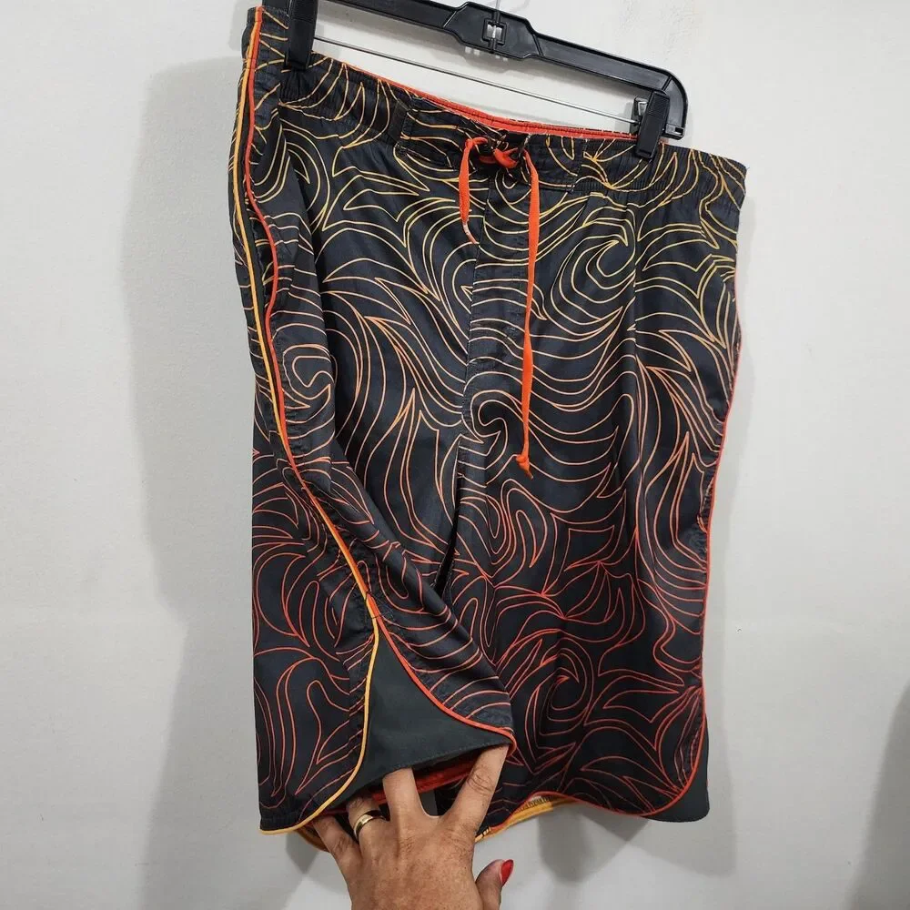 Vintage NIKE Board Shorts Swim Trunks Mens XL Black Orange Flame AOP Drawstring